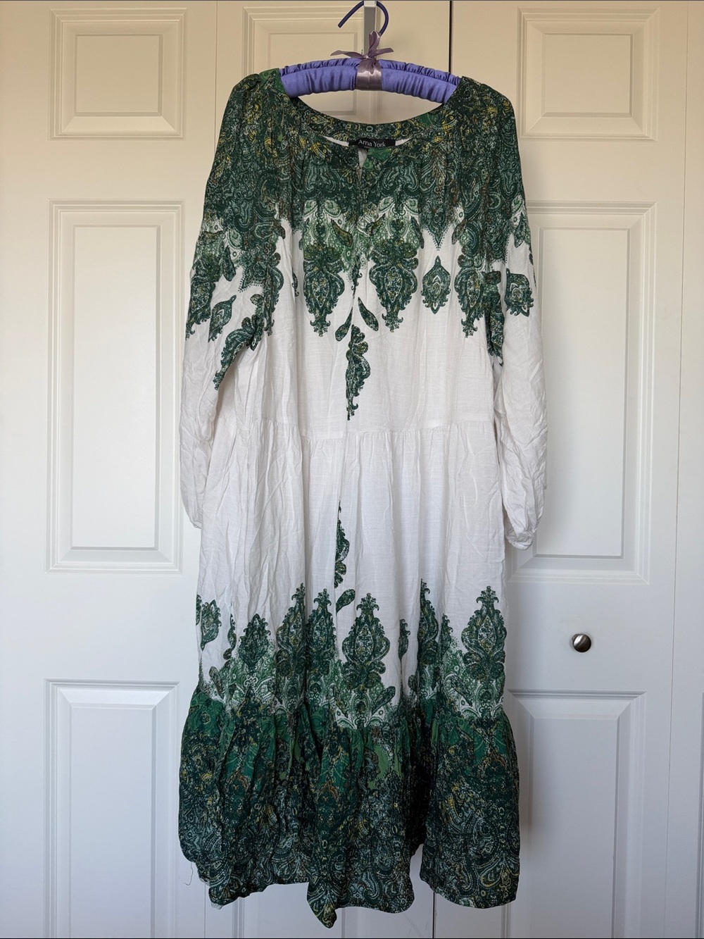 Arna York Collection White Midi Dress with Green Paisley Border Sz 22/24